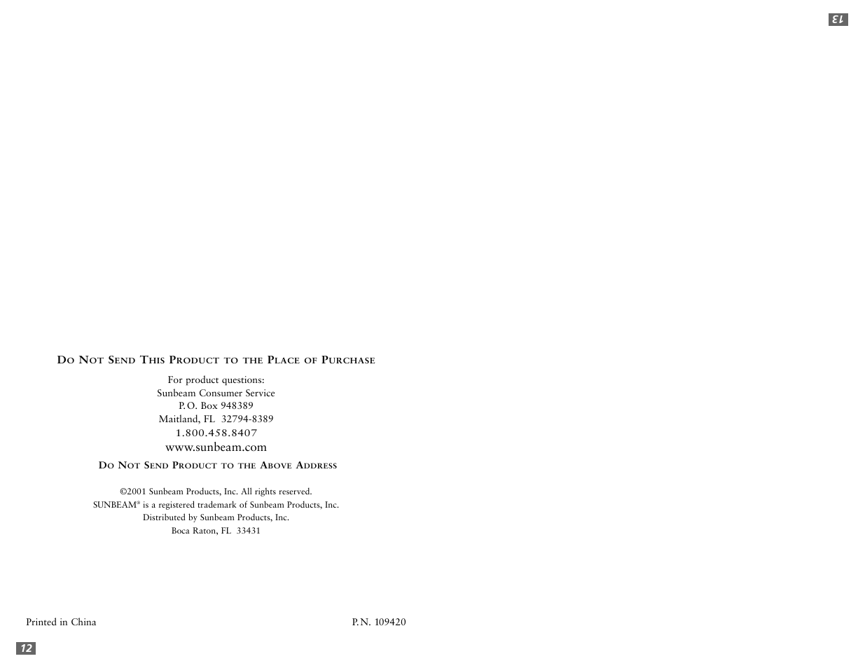 Sunbeam 2475 User Manual | Page 16 / 16