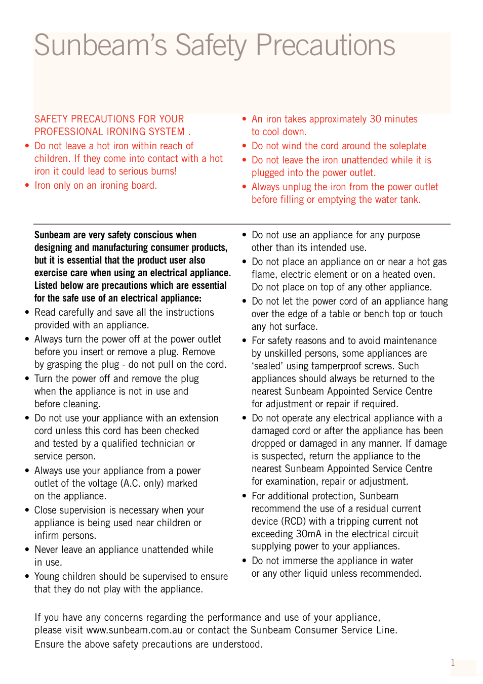 Sunbeam’s safety precautions | Sunbeam SR8500 User Manual | Page 3 / 12