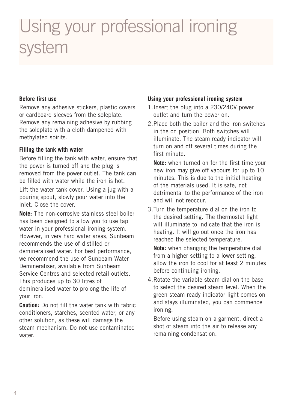 Using your professional ironing system | Sunbeam SR8500 User Manual | Page 6 / 12