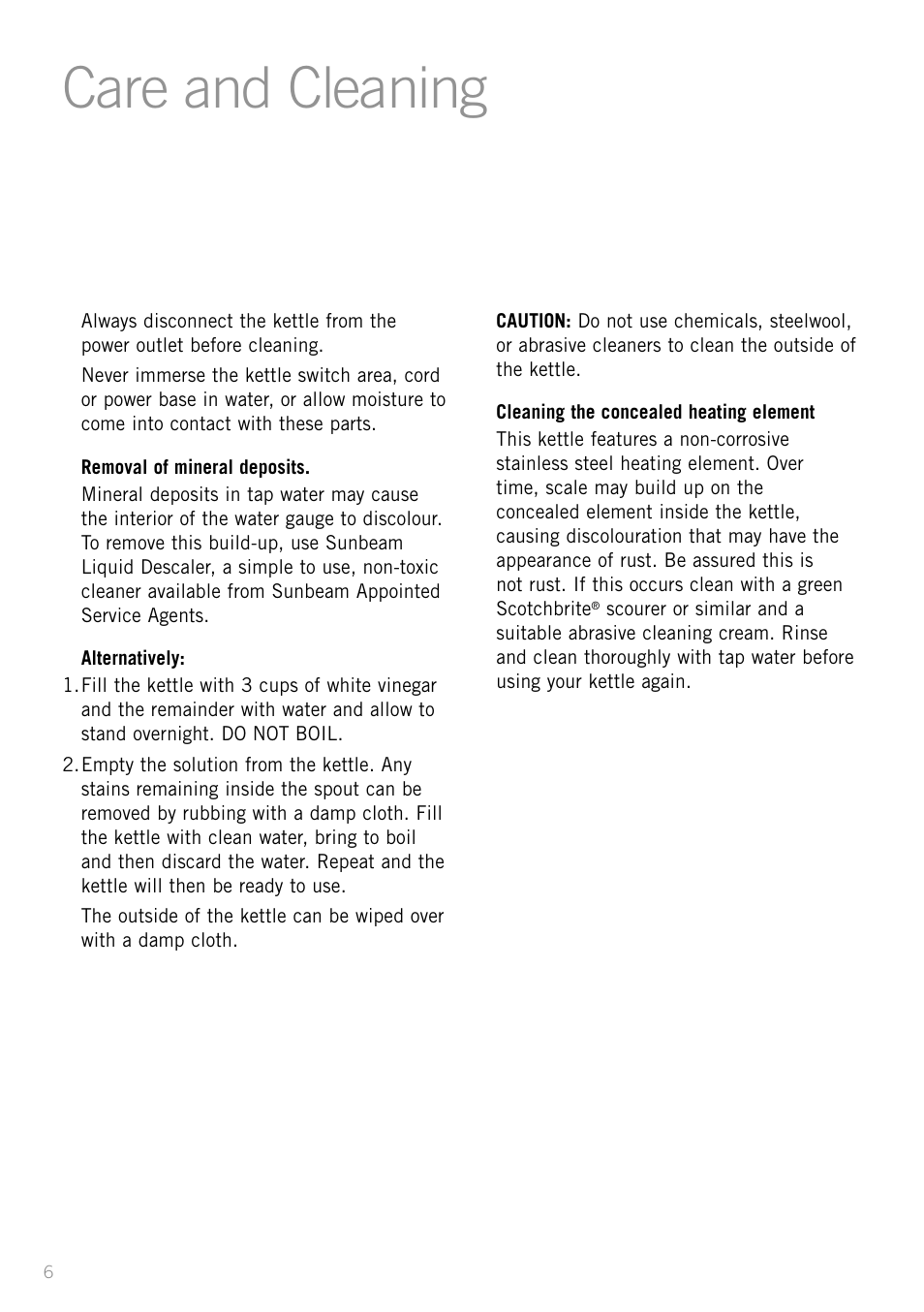 Care and cleaning | Sunbeam KE2200 User Manual | Page 8 / 10
