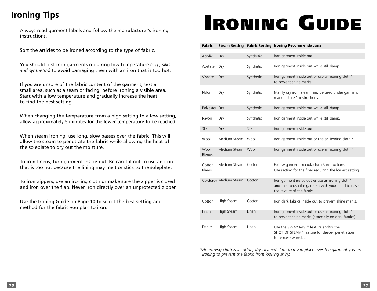 Roning, Uide, Ironing tips | Sunbeam 3980 User Manual | Page 10 / 24