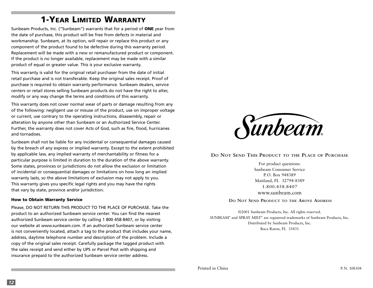 Imited, Arranty | Sunbeam 3980 User Manual | Page 11 / 24