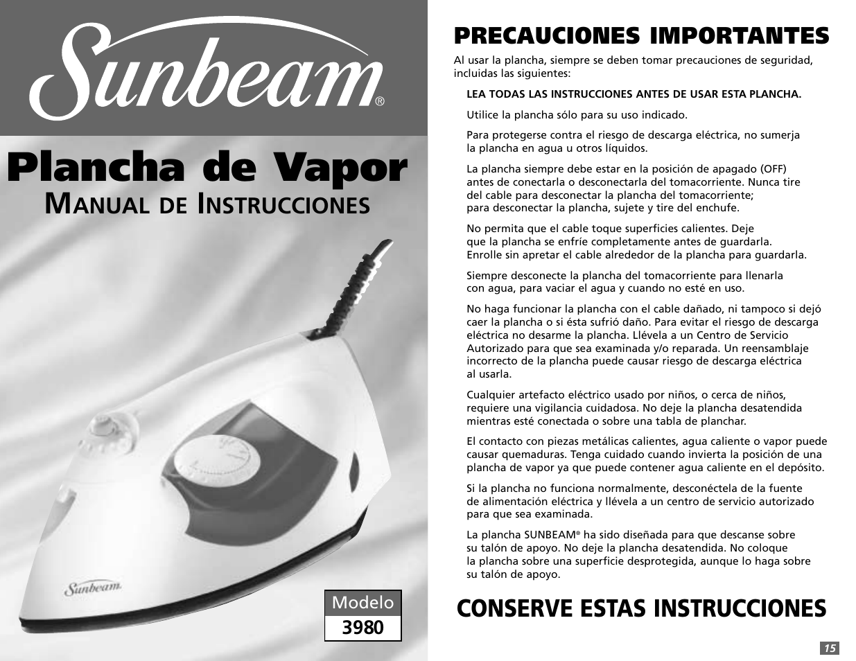 Plancha de vapor, Conserve estas instrucciones, Precauciones importantes | Anual de, Nstrucciones | Sunbeam 3980 User Manual | Page 13 / 24