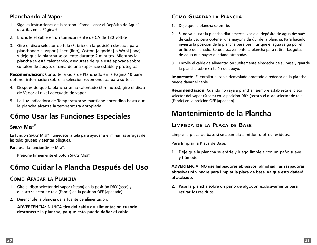 Mantenimiento de la plancha, Cómo usar las funciones especiales, Cómo cuidar la plancha después del uso | Planchando al vapor | Sunbeam 3980 User Manual | Page 18 / 24