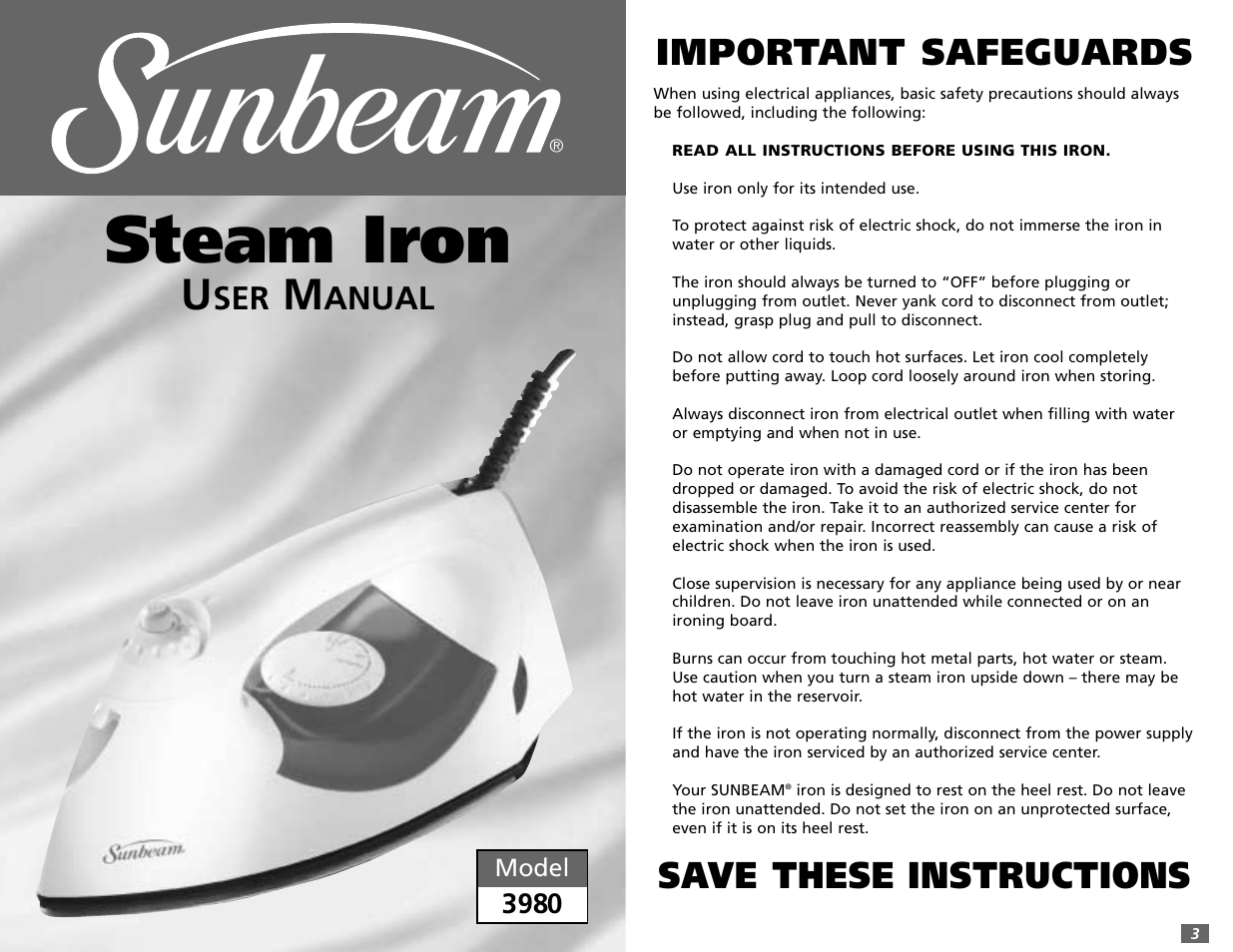 Steam iron, Important safeguards, Save these instructions | Anual | Sunbeam 3980 User Manual | Page 2 / 24