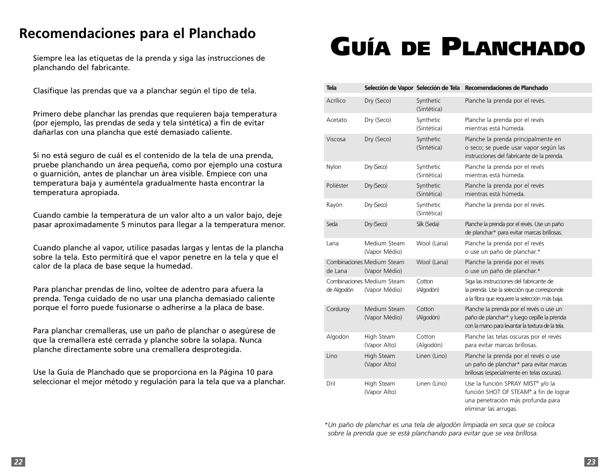 Uía de, Lanchado, Recomendaciones para el planchado | Sunbeam 3980 User Manual | Page 20 / 24