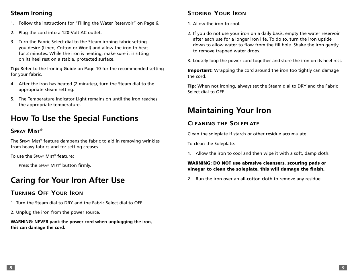 Maintaining your iron, How to use the special functions, Caring for your iron after use | Steam ironing | Sunbeam 3980 User Manual | Page 8 / 24
