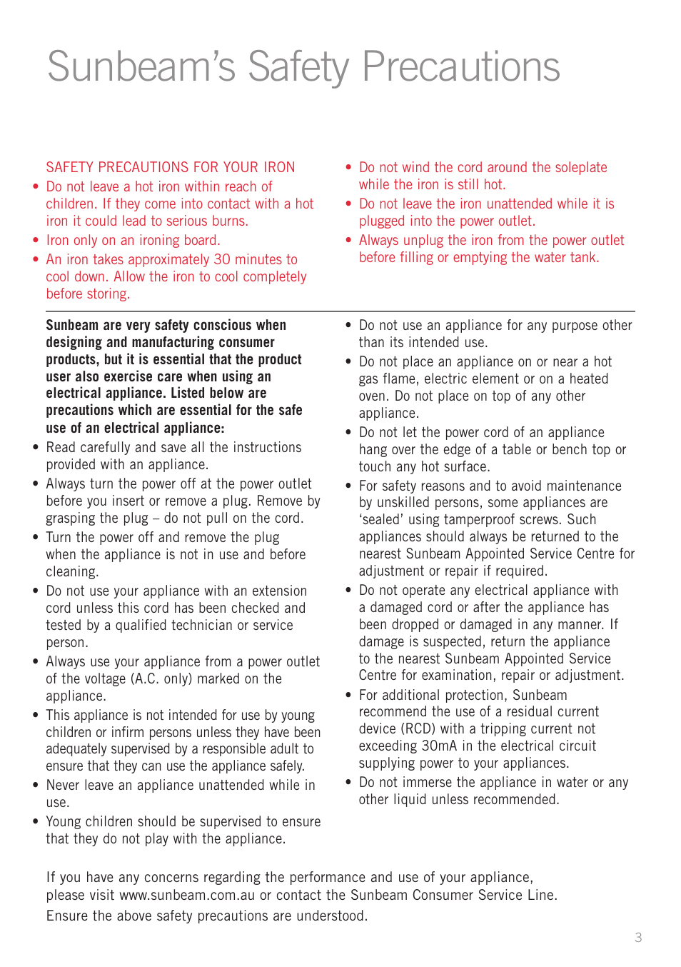 Sunbeam’s safety precautions | Sunbeam SR3200 User Manual | Page 3 / 8