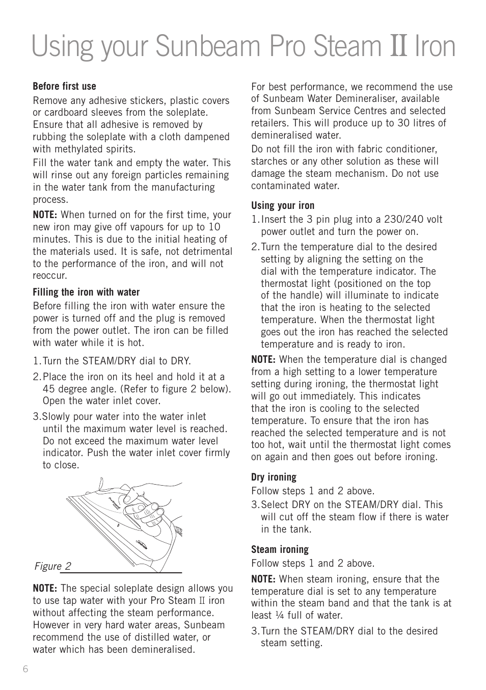 Using your sunbeam pro steam ii iron | Sunbeam SR3200 User Manual | Page 6 / 8