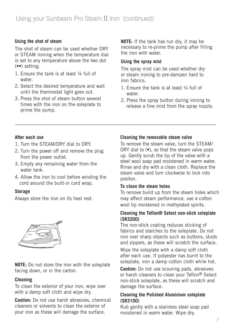 Using your sunbeam pro steam ii iron (continued) | Sunbeam SR3200 User Manual | Page 7 / 8