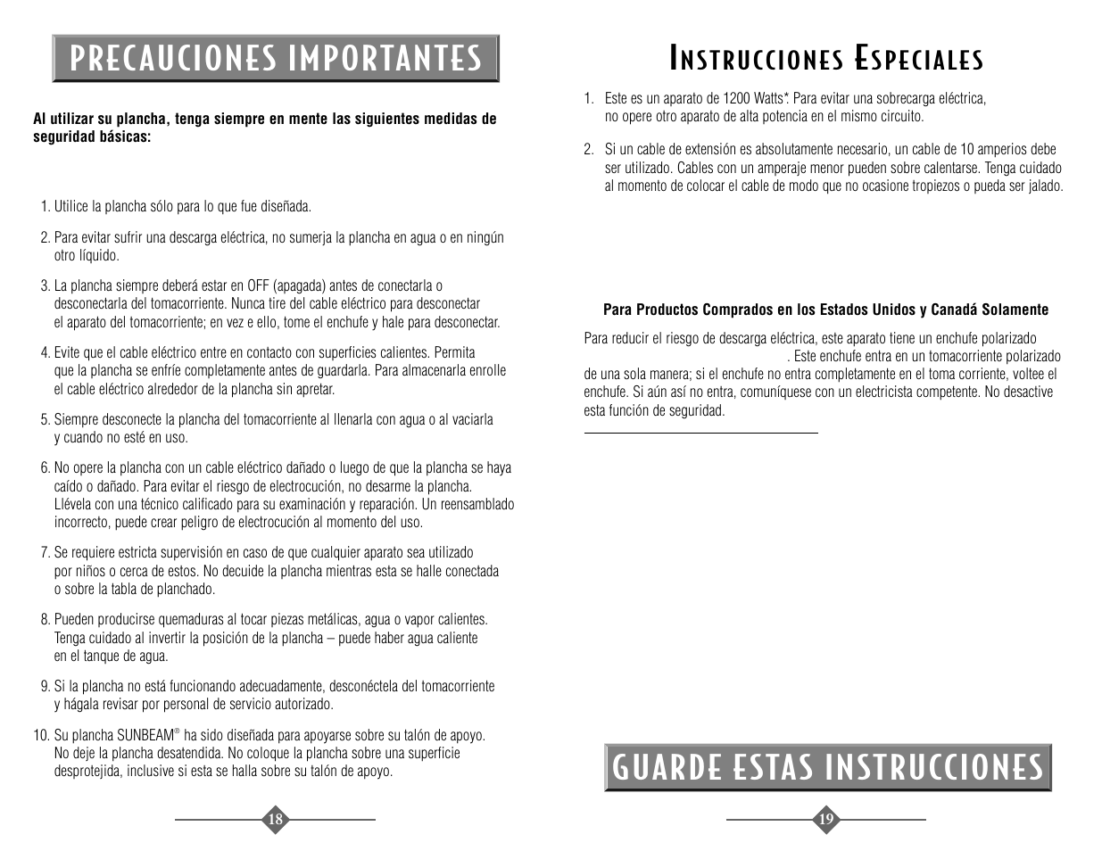 Guarde estas instrucciones, Prec auciones importantes | Sunbeam 3946 User Manual | Page 10 / 18