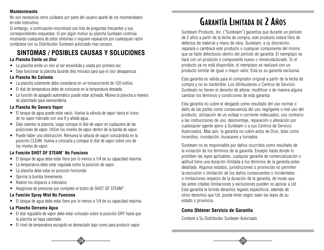 Arantía, Imitada de, Sintomas / posibles causas y soluciones | Sunbeam 3946 User Manual | Page 13 / 18