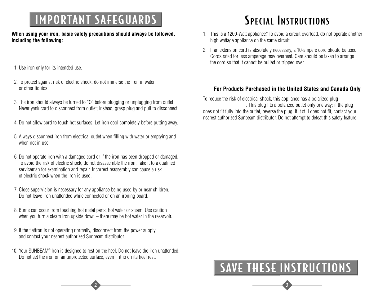 Important sa feguards save these instruc tions | Sunbeam 3946 User Manual | Page 2 / 18