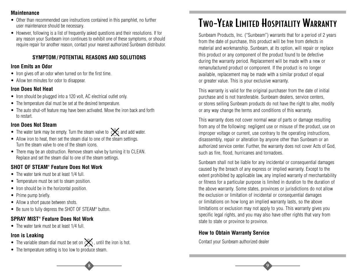 Imited, Ospitality, Arranty | Sunbeam 3946 User Manual | Page 5 / 18