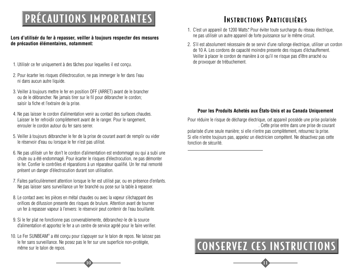 Conservez ces instruc tions, Préc autions importantes | Sunbeam 3946 User Manual | Page 6 / 18