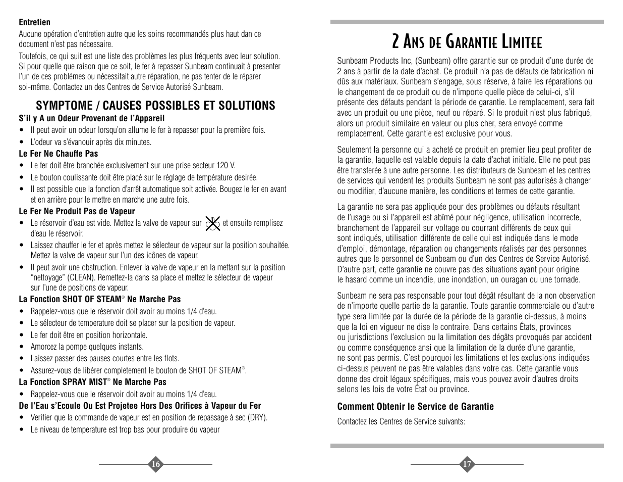 Ns de, Arantie, Imitee | Symptome / causes possibles et solutions | Sunbeam 3946 User Manual | Page 9 / 18