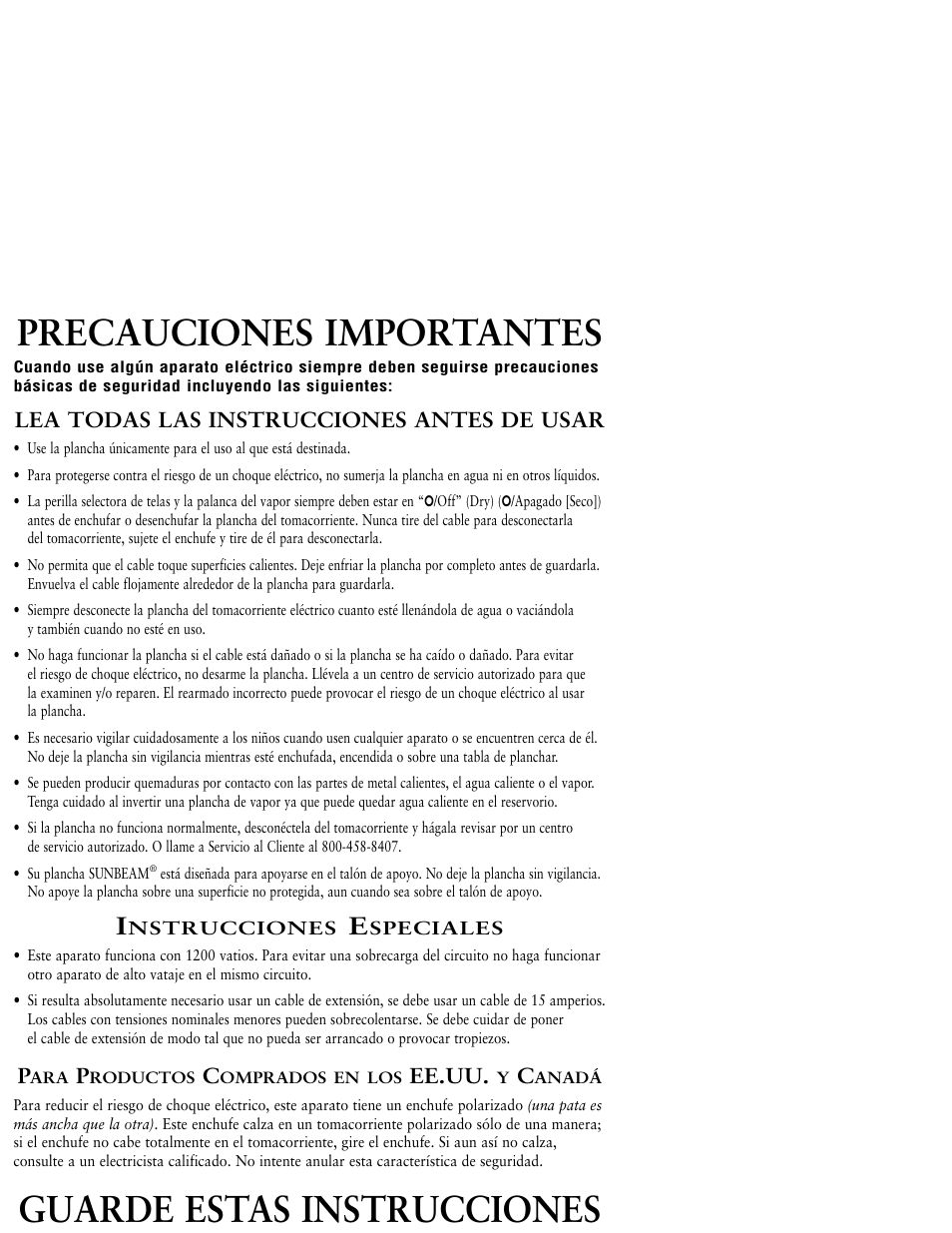 Precauciones importantes, Guarde estas instrucciones, Lea todas las instrucciones antes de usar | Ee.uu | Sunbeam Iron MODEL 3046 User Manual | Page 11 / 20