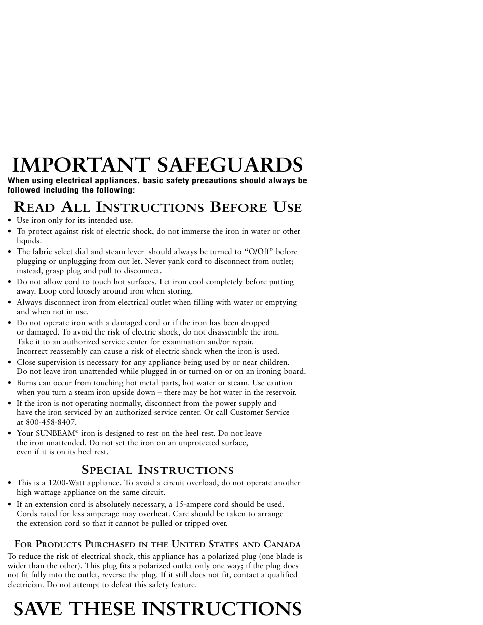 Important safeguards, Save these instructions | Sunbeam Iron MODEL 3046 User Manual | Page 2 / 20