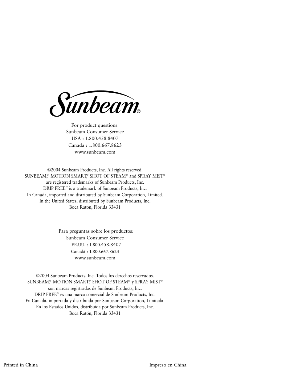 Sunbeam Iron MODEL 3046 User Manual | Page 20 / 20