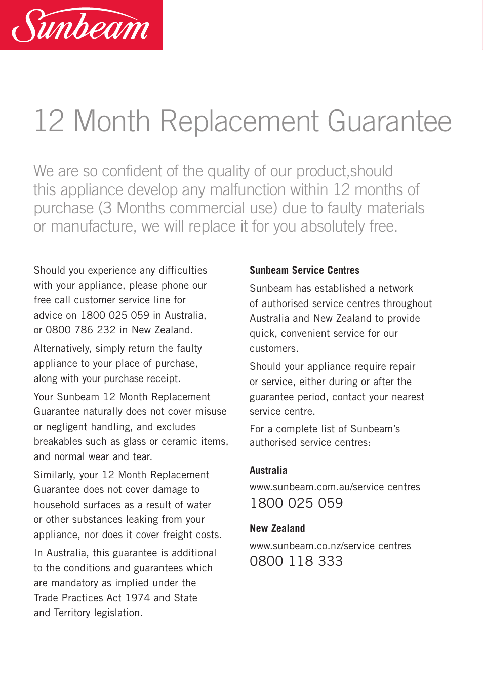 12 month repface ent guarantee | Sunbeam EM0450 User Manual | Page 12 / 13
