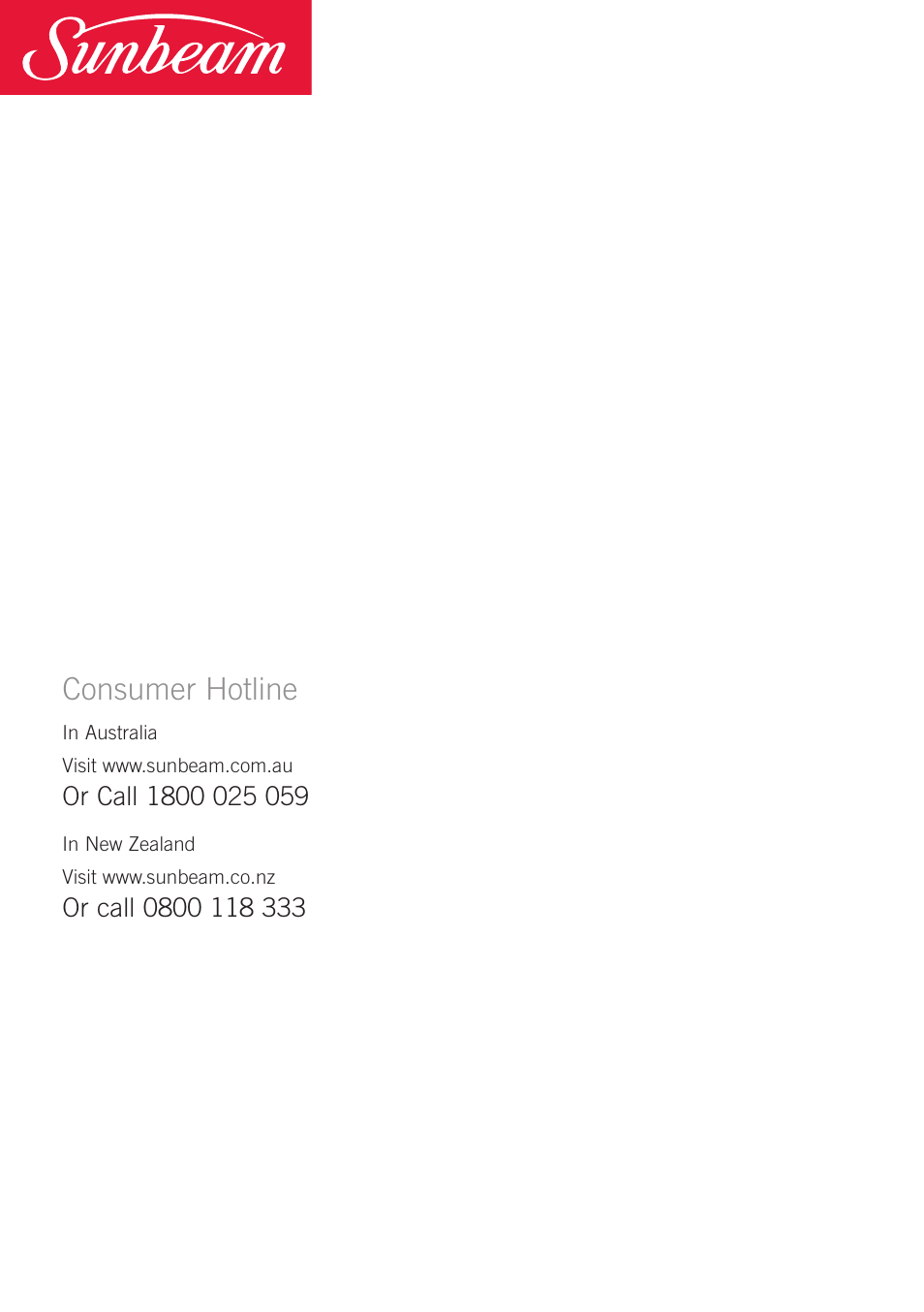 Consu er hotfine | Sunbeam EM0450 User Manual | Page 13 / 13