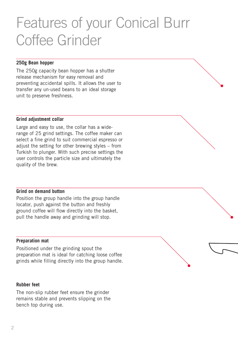 Features of your conical burr coffee grinder 2, Features of your conicaf burr coffee grinder | Sunbeam EM0450 User Manual | Page 4 / 13