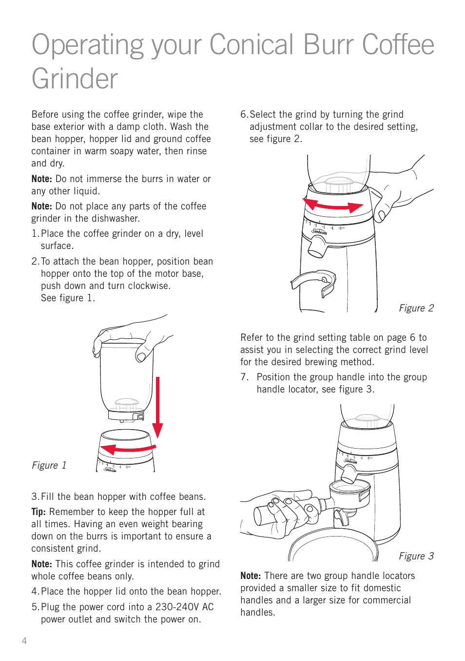 Operating your conical burr coffee grinder, Heading operating your conicaf burr coffee grinder | Sunbeam EM0450 User Manual | Page 6 / 13