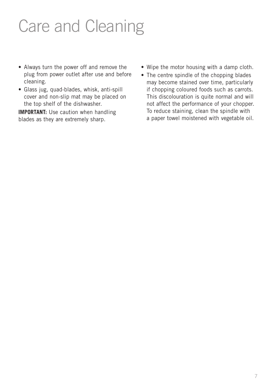 Care and cleaning | Sunbeam FC8600 User Manual | Page 10 / 20