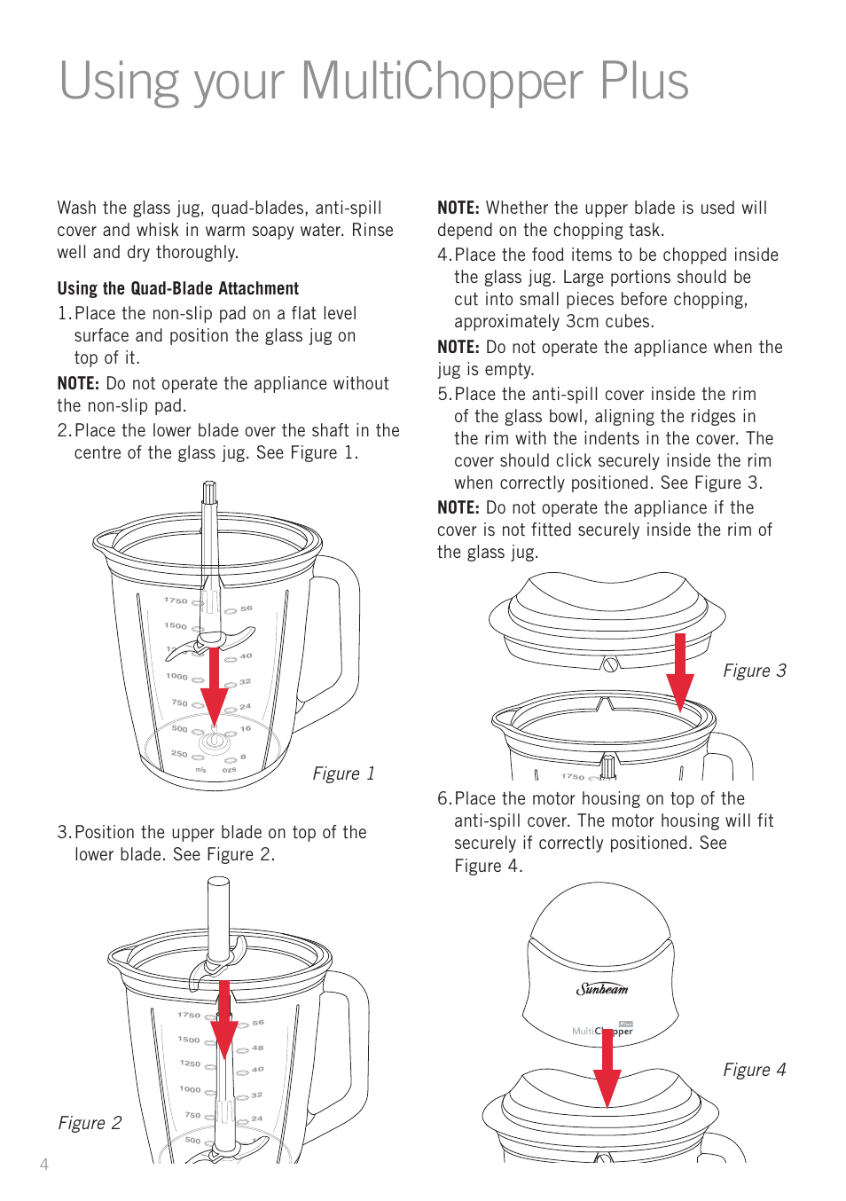Using your multichopper plus, Figure 1 figure 2, Figure 3 figure 4 | Sunbeam FC8600 User Manual | Page 7 / 20