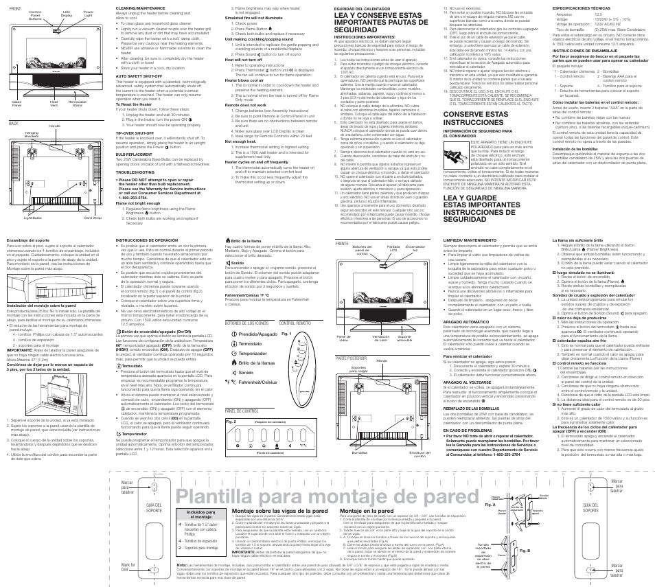 Plantilla para montaje de pared, Conserve estas instrucciones | Sunbeam BFH5000 User Manual | Page 2 / 2