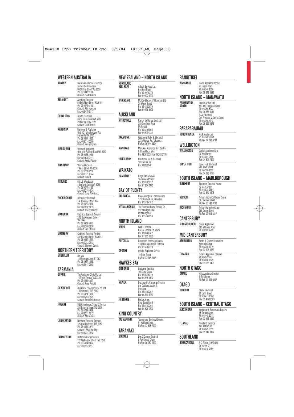 Western australia, Northern territory, Tasmania | New zealand – north island, Auckland, Waikato, Bay of plenty, North island, Hawkes bay, King country | Sunbeam MG4200 User Manual | Page 10 / 12