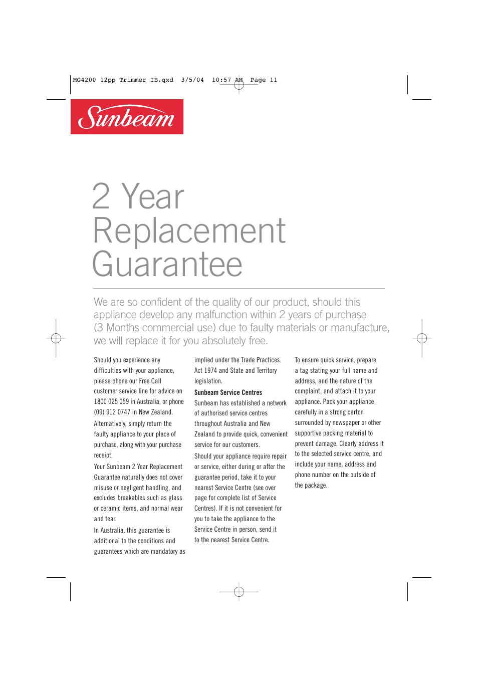 2 year replacement guarantee | Sunbeam MG4200 User Manual | Page 11 / 12