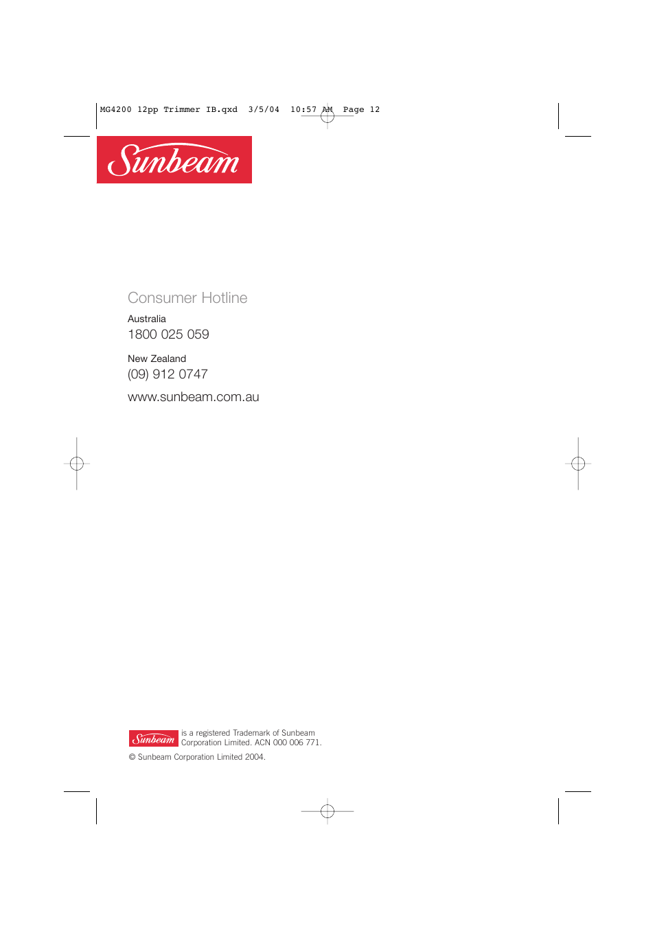Consumer hotline | Sunbeam MG4200 User Manual | Page 12 / 12