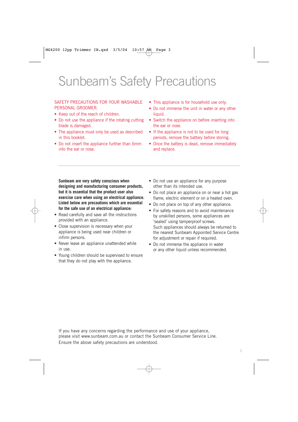 Sunbeam’s safety precautions | Sunbeam MG4200 User Manual | Page 3 / 12