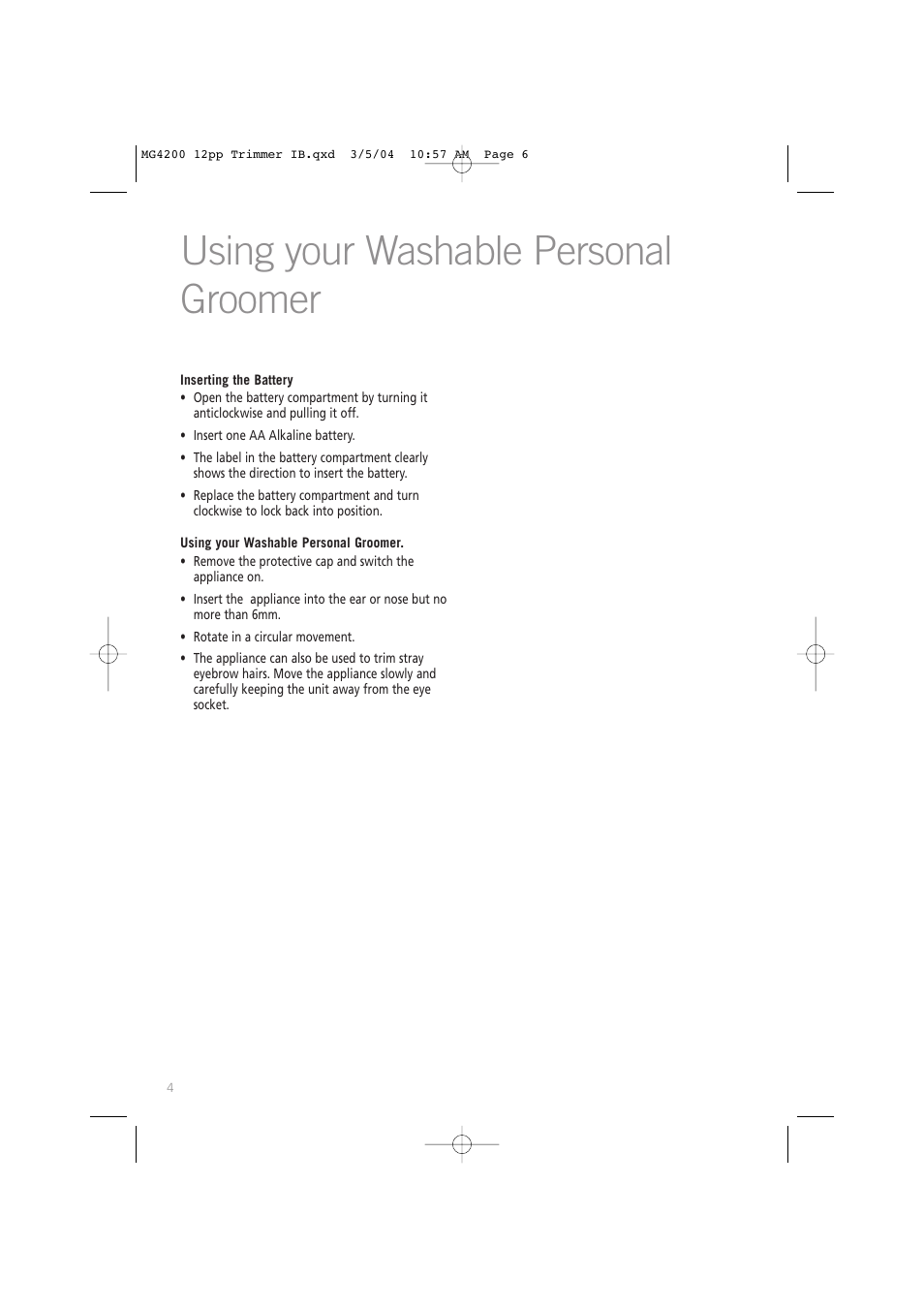 Using your washable personal groomer | Sunbeam MG4200 User Manual | Page 6 / 12