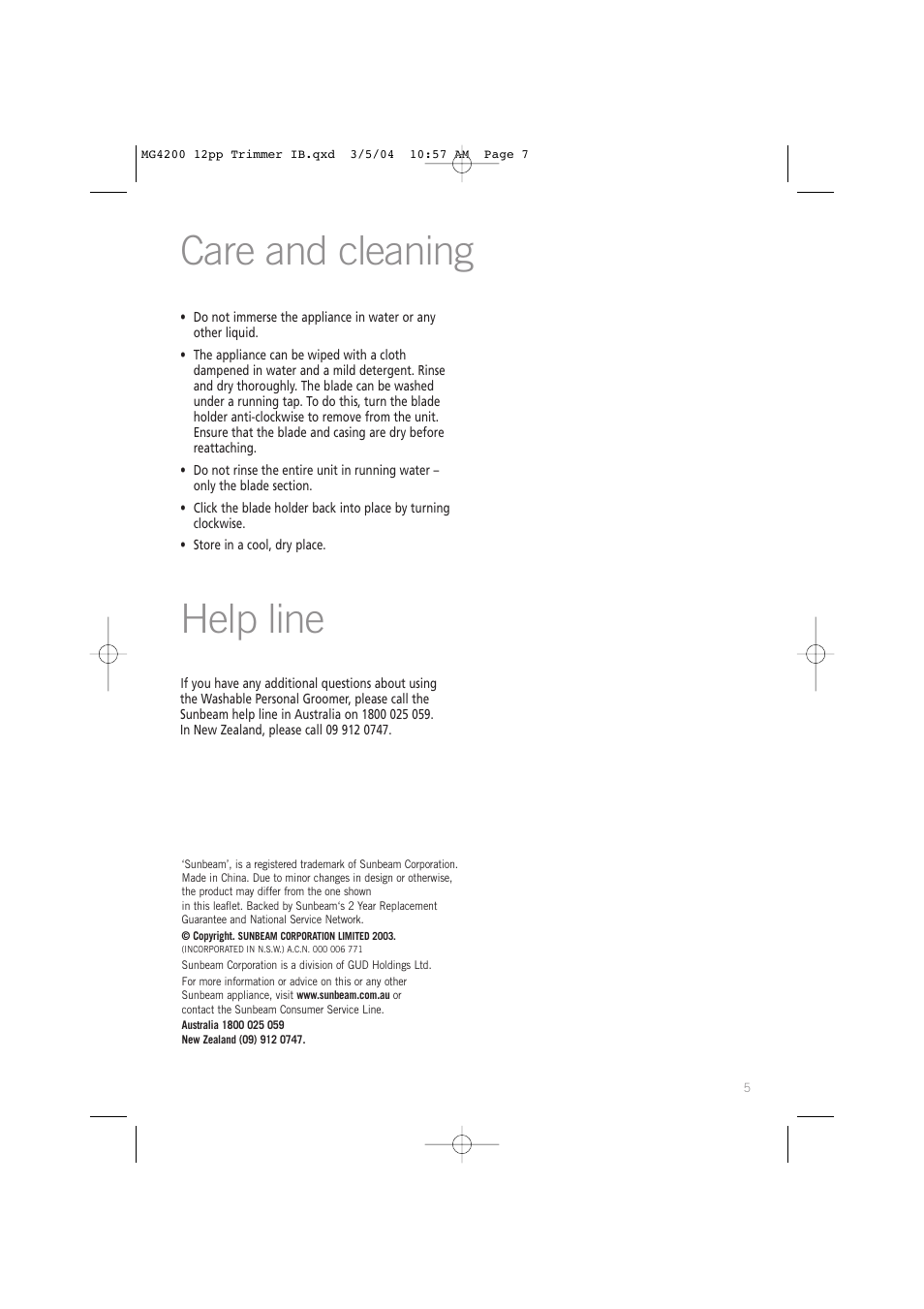 Help line care and cleaning | Sunbeam MG4200 User Manual | Page 7 / 12