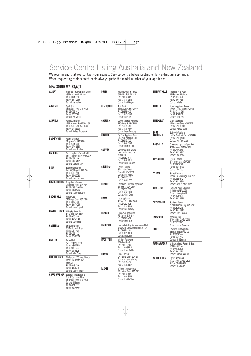 Service centre listing australia and new zealand, New south wales/act | Sunbeam MG4200 User Manual | Page 8 / 12