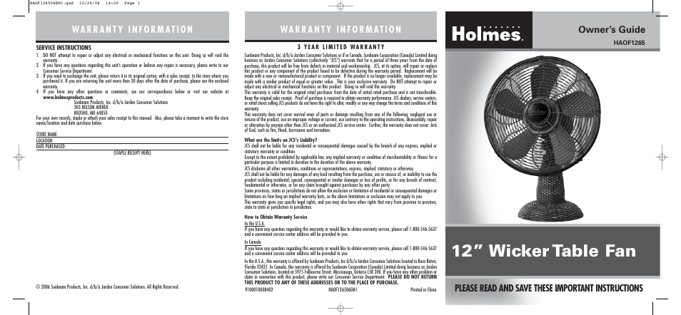 Sunbeam HAOF1265 User Manual | 2 pages