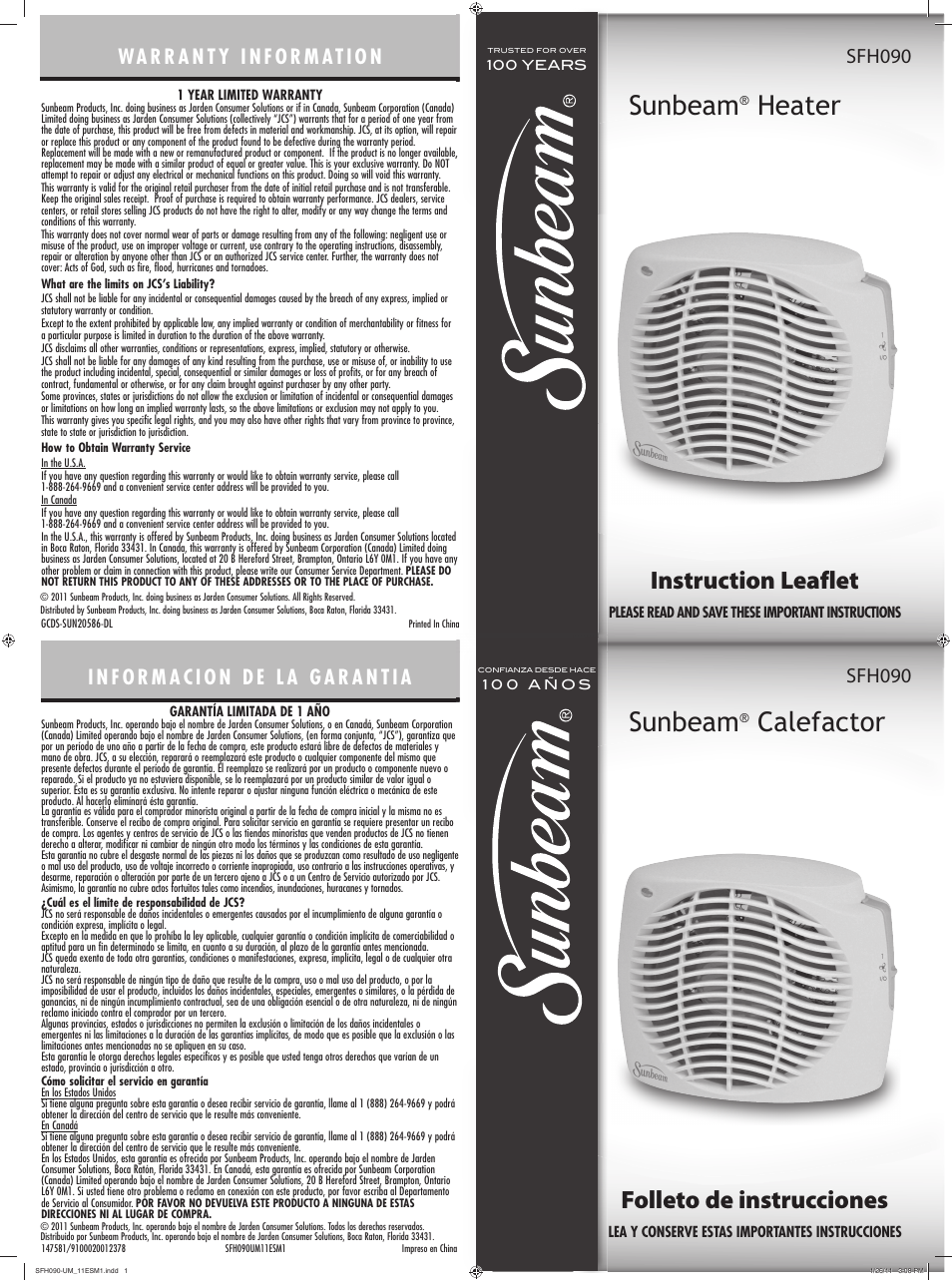 Sunbeam Heater SFH090 User Manual | 2 pages