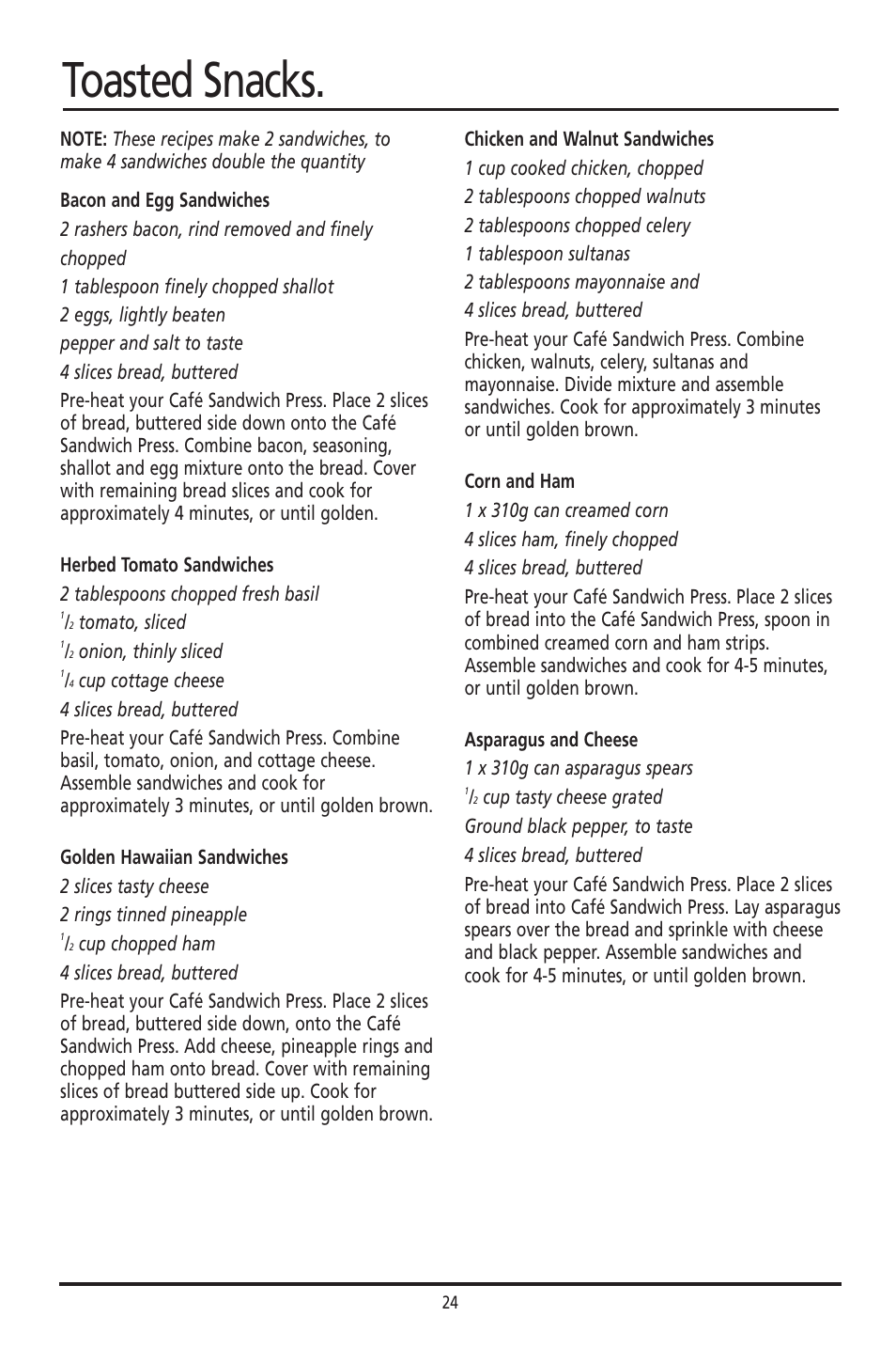 Toasted snacks | Sunbeam GC7800 User Manual | Page 24 / 25