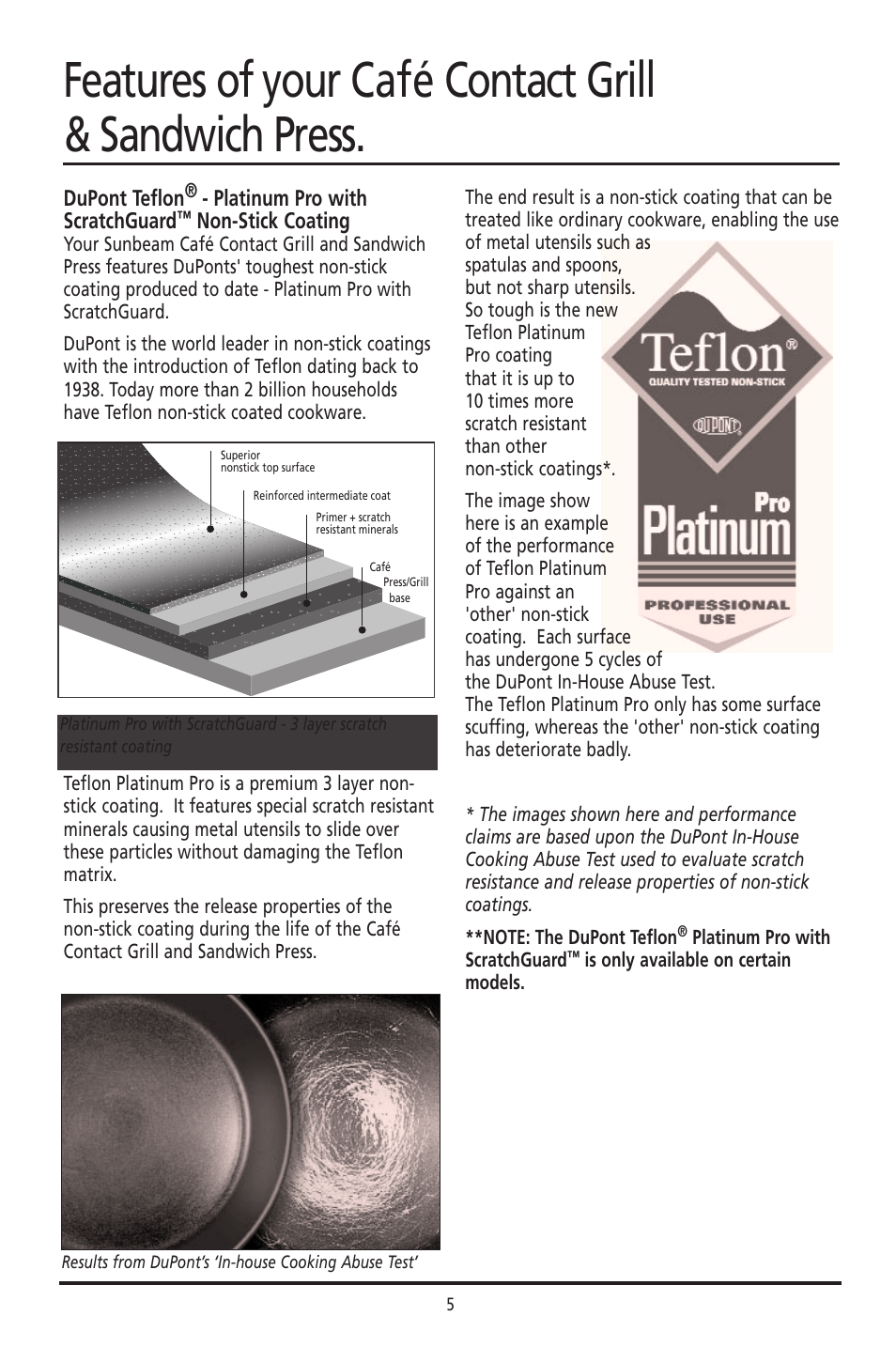 Dupont teflon, Platinum pro with scratchguard, Non-stick coating | Sunbeam GC7800 User Manual | Page 5 / 25