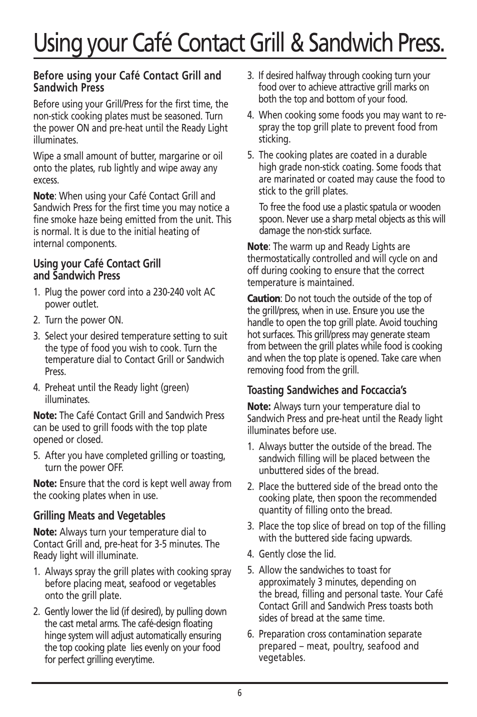 Using your café contact grill & sandwich press | Sunbeam GC7800 User Manual | Page 6 / 25