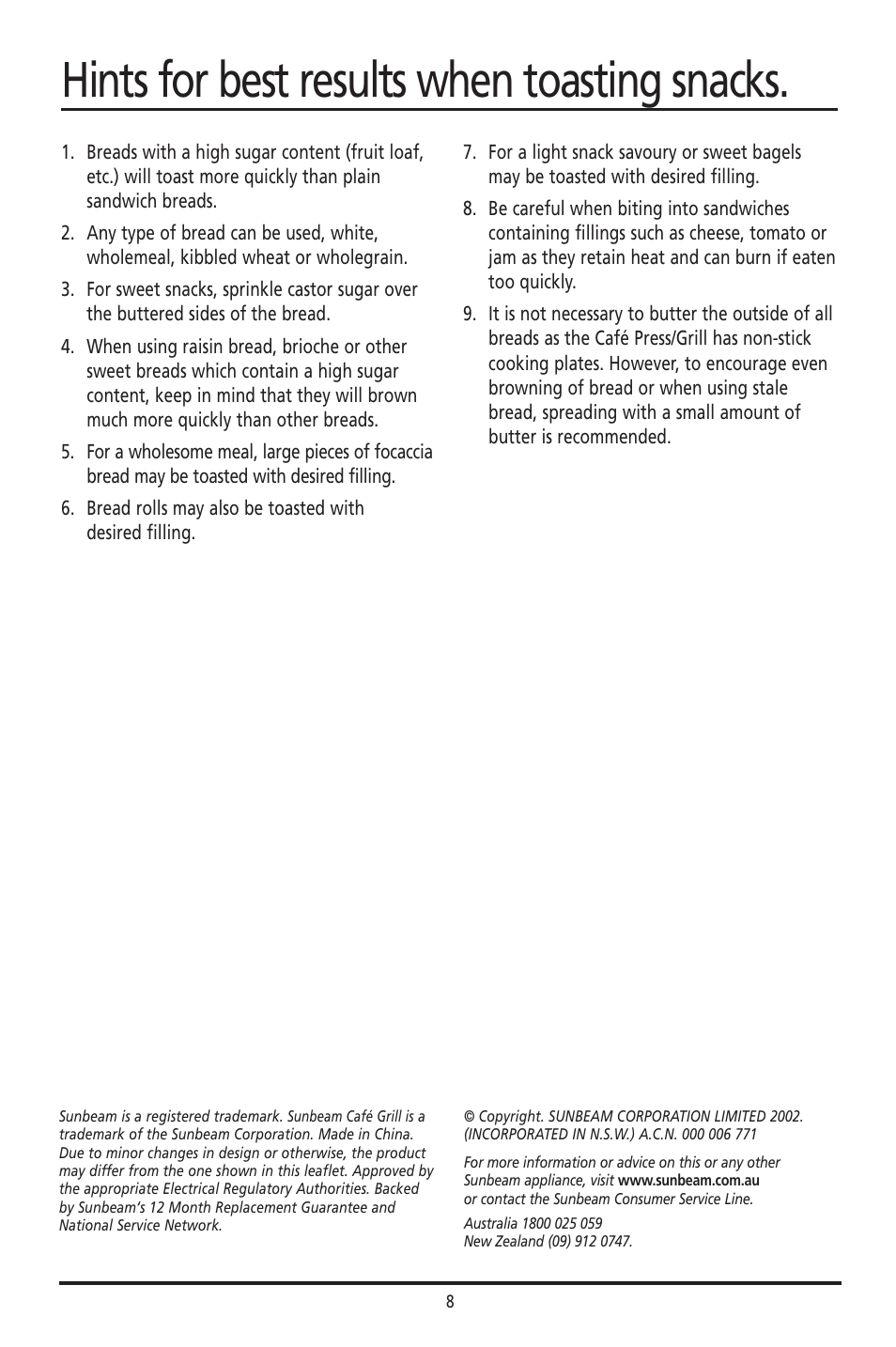 Hints for best results when toasting snacks | Sunbeam GC7800 User Manual | Page 8 / 25