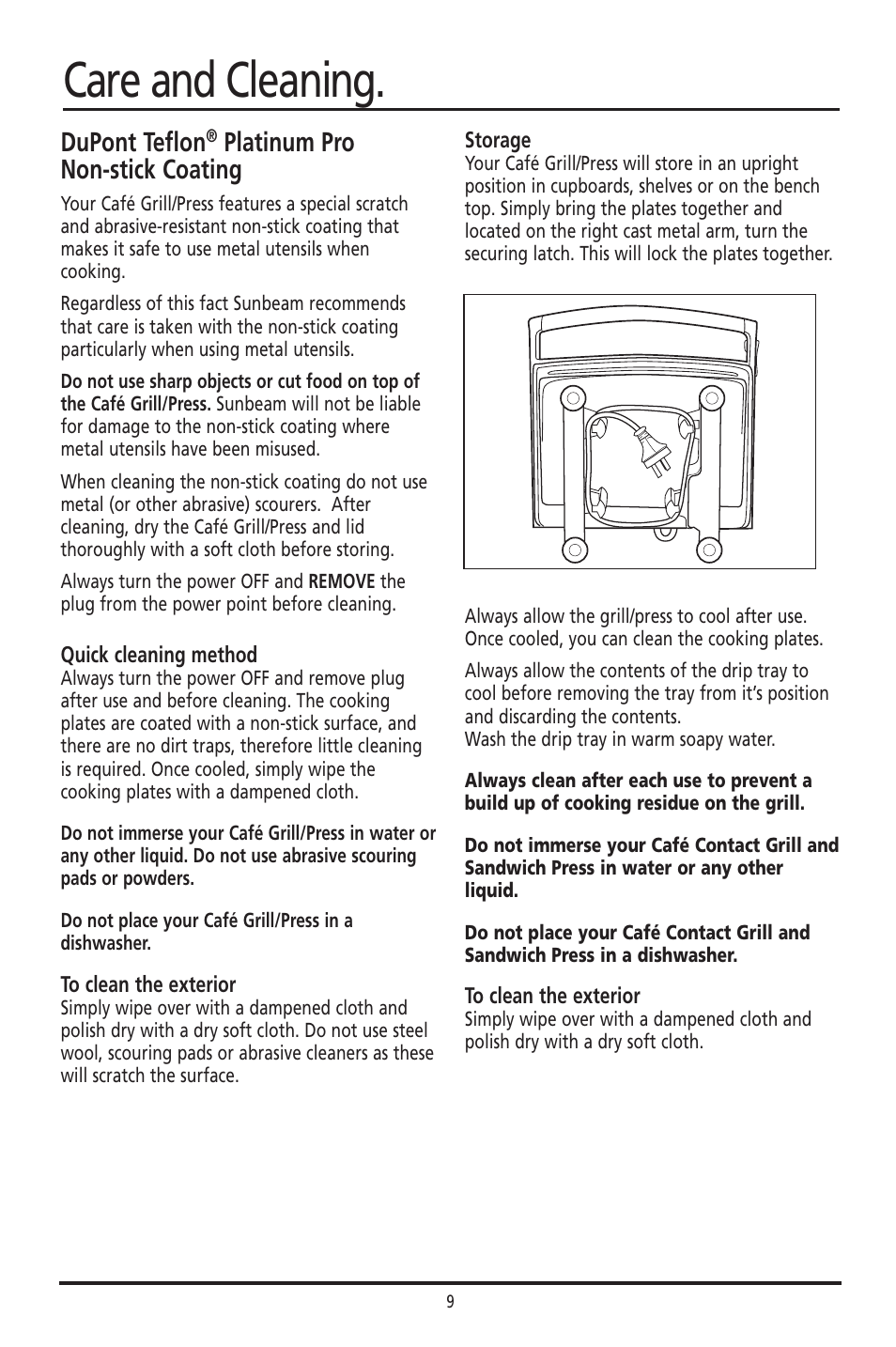 Care and cleaning, Dupont teflon, Platinum pro non-stick coating | Sunbeam GC7800 User Manual | Page 9 / 25