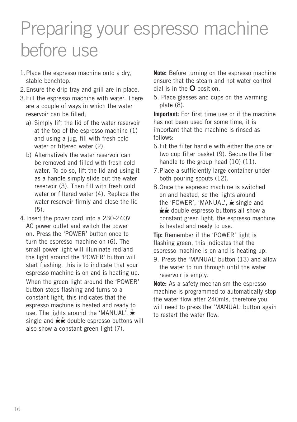Preparing your espresso machine before use, Heading preparing your espresso machine before use | Sunbeam EM5800 User Manual | Page 17 / 33