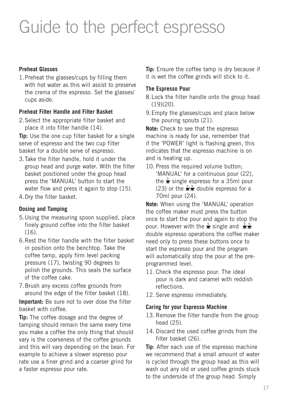 Guide to the perfect espresso | Sunbeam EM5800 User Manual | Page 18 / 33