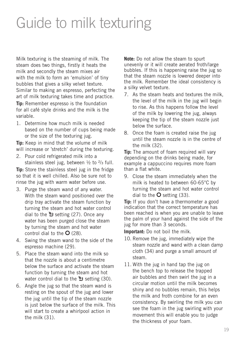 Guide to milk texturing | Sunbeam EM5800 User Manual | Page 20 / 33