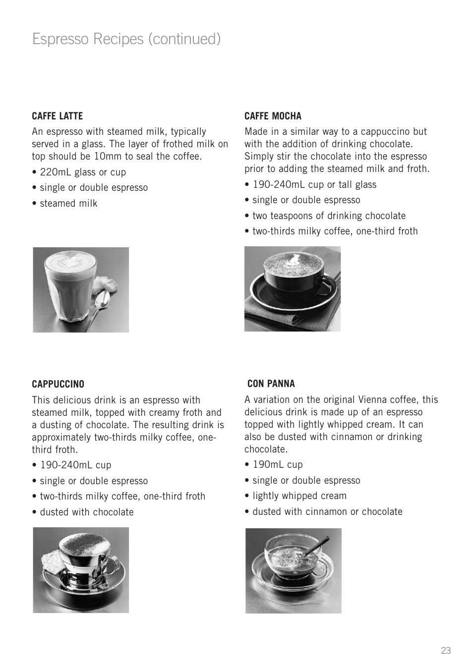 Espresso recipes, Espresso recipes (continued) | Sunbeam EM5800 User Manual | Page 24 / 33