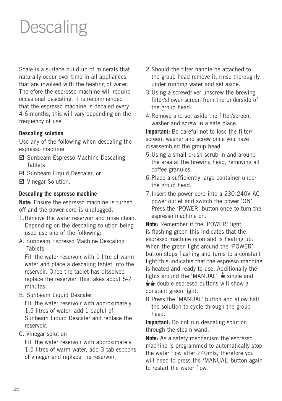 Descaling | Sunbeam EM5800 User Manual | Page 27 / 33