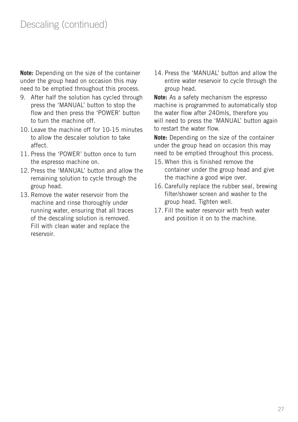 Descaling, Descaling (continued) | Sunbeam EM5800 User Manual | Page 28 / 33